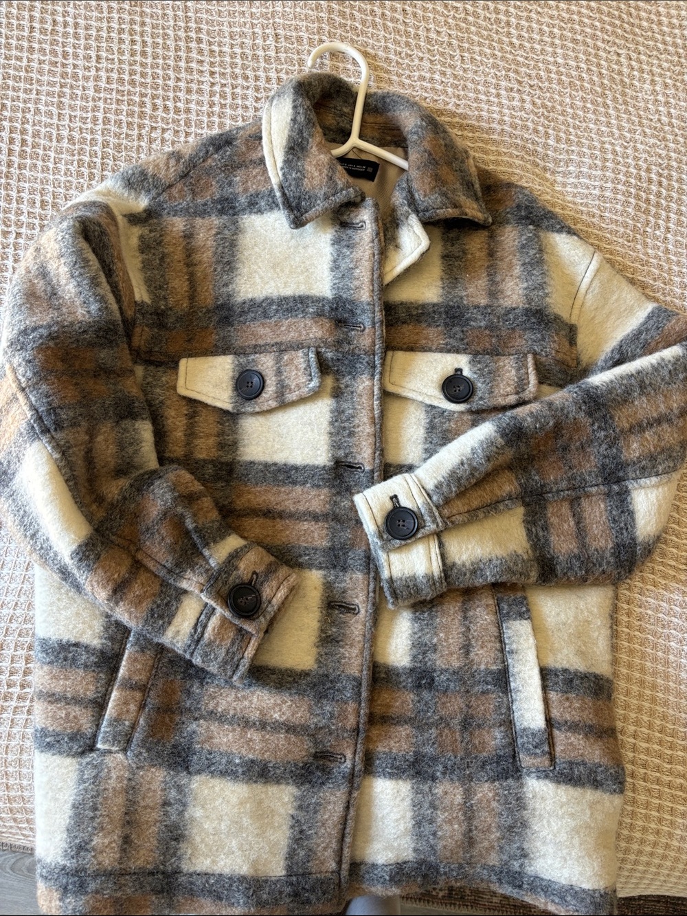Zara Cream, Gray & Brown Plaid Wool Jacket
